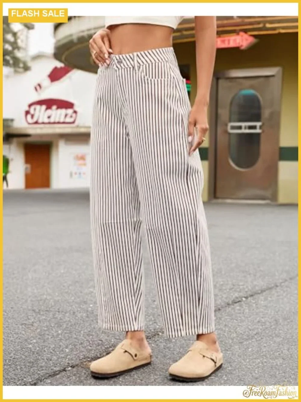 Striped High Waisted Wide Leg Baggy Jeans with Pockets